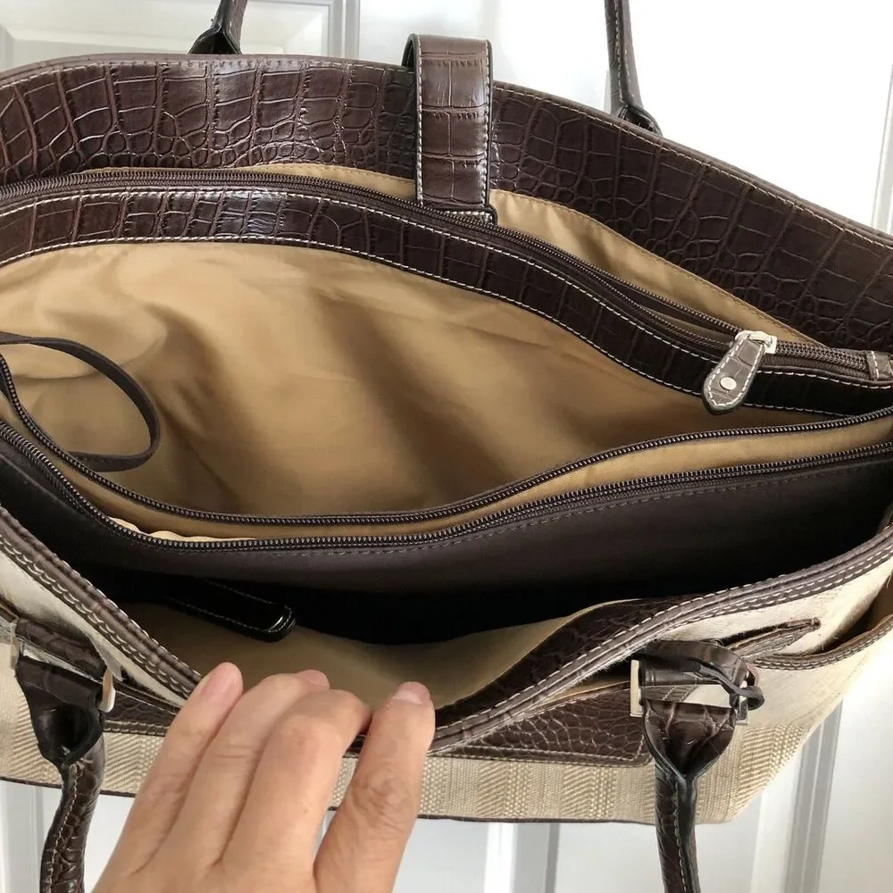 CROFT AND BARROW TOTE BAG LAPTOP BROWN/TAN SHOULDER CROCODILE & CAVANAS
